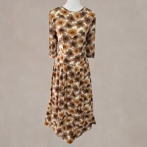 Vintage 90s Floral Midi Dress Dropped Waist Rayon Brown Cottagecore 12